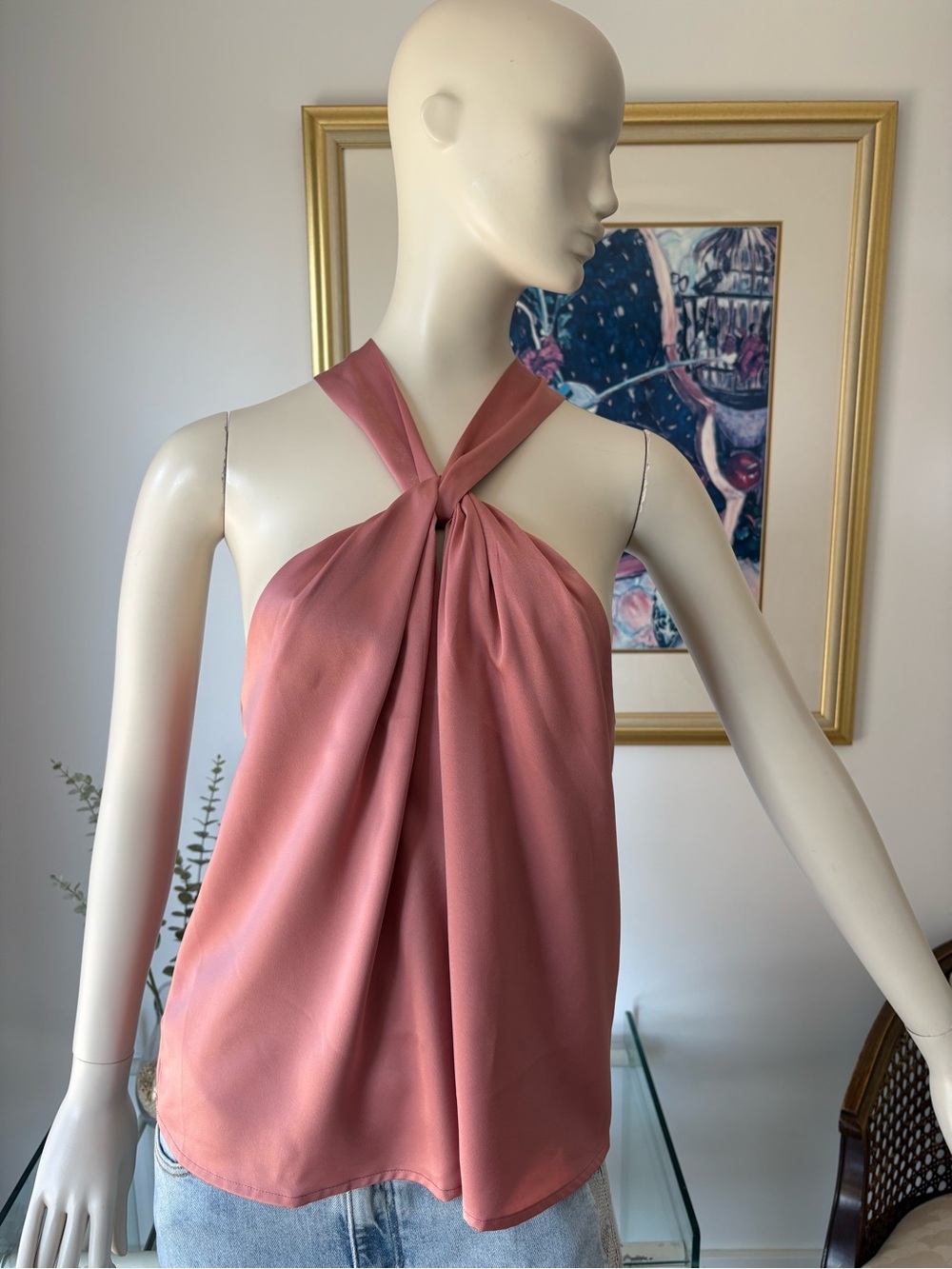 Gremlin Twist Halter Satin Tank Top in Dusty Rose